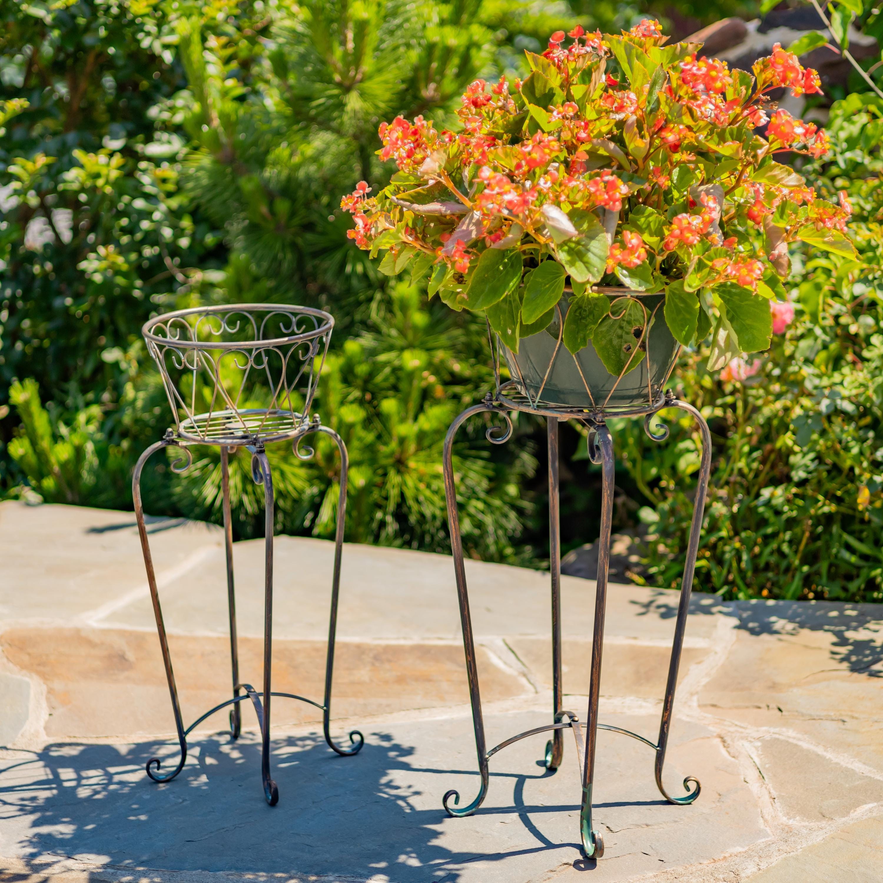 Set of 2 Ornate Flower Basket Plant Stands 