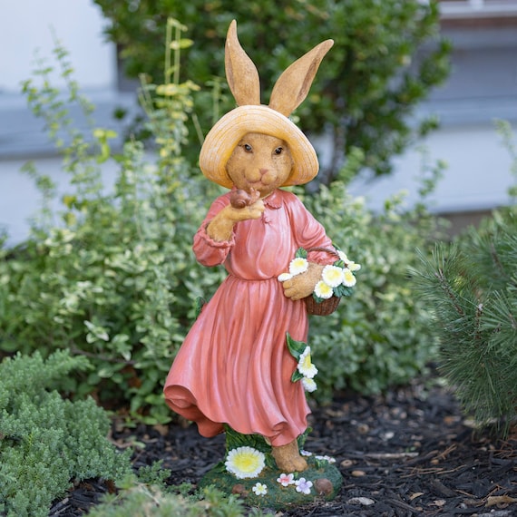 25-Inch Tall Magnesium Bunny Figurine with Planter Basket