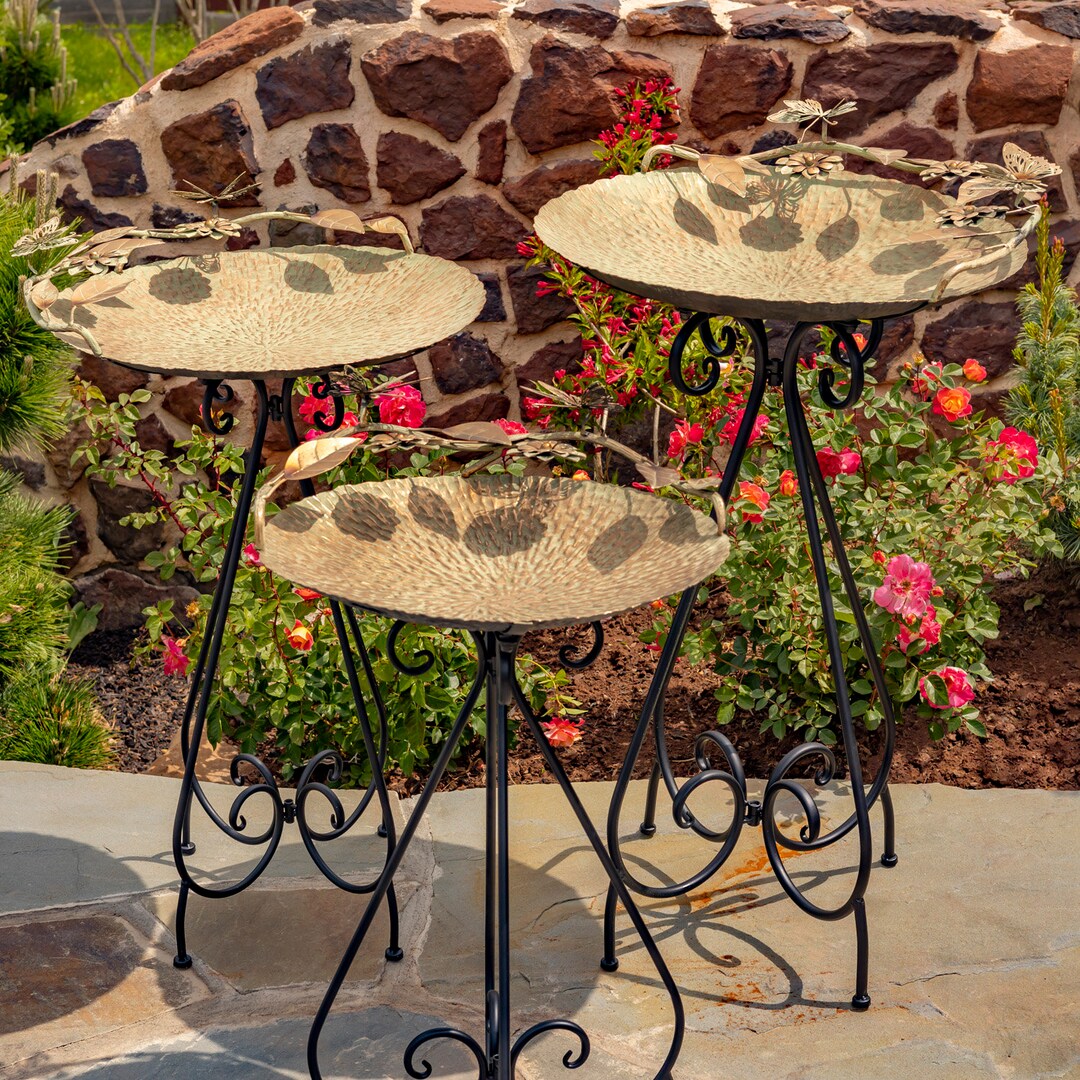 Set of 3 Frosted Gold Iron Birdbaths With Butterflies Etsy
