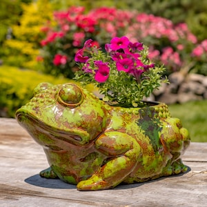 May include: A ceramic frog planter with a green and brown mottled finish. The frog has large, expressive eyes and holds a vibrant arrangement of pink petunias. The planter sits on a wooden surface, with a blurred garden background.