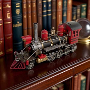 May include: A detailed model train with a red and black color scheme. The train features a silver smokestack, red accents, and gold-colored trim. The train is displayed on a wooden shelf in front of a backdrop of books.