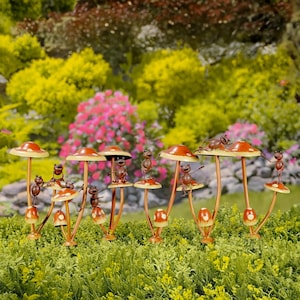 Friendly Frogs on  Iron Mushroom Garden Stakes - Set of 6