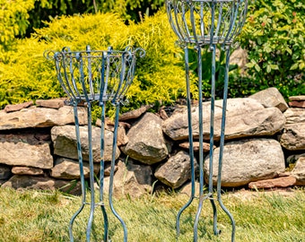 Set of 2 Tall Metal Basket Plant Stands "Stephania" In Green / Blue