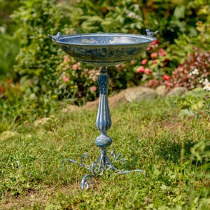 Metal Pedestal Birdbath with Cast Iron Bird Details in Frosted Blue