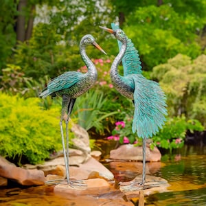 Pair of 2 41.5&quot; Tall Stylized Silver-Teal Metallic Crane Garden Figurines