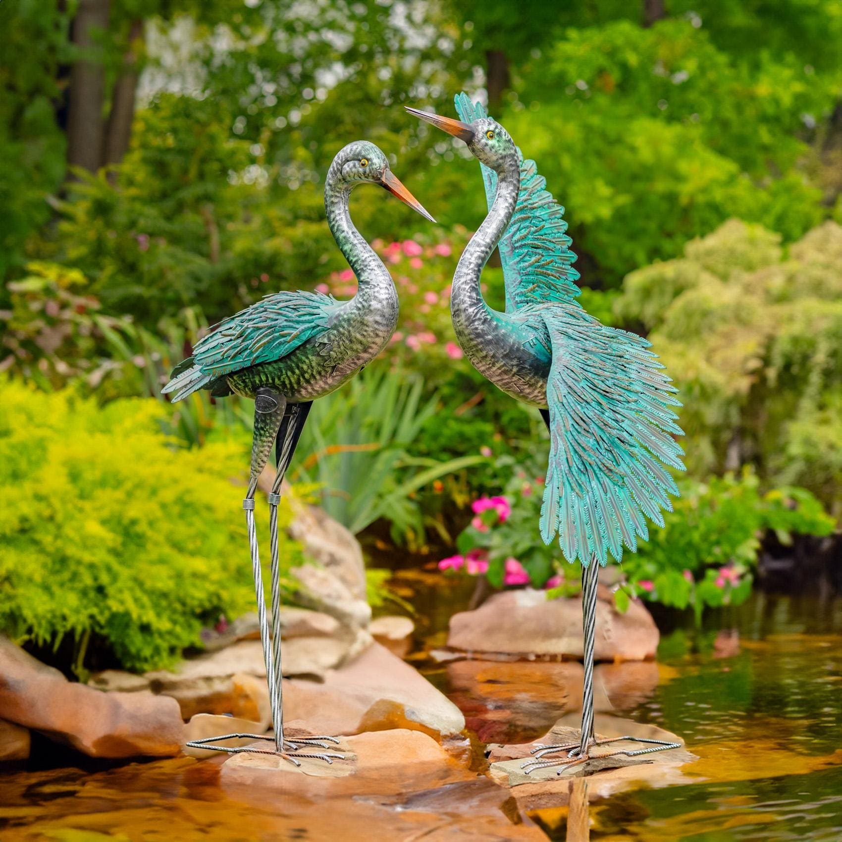 Pair of 2 41.5" Tall Stylized Silver-Teal Metallic Crane Garden Figurines