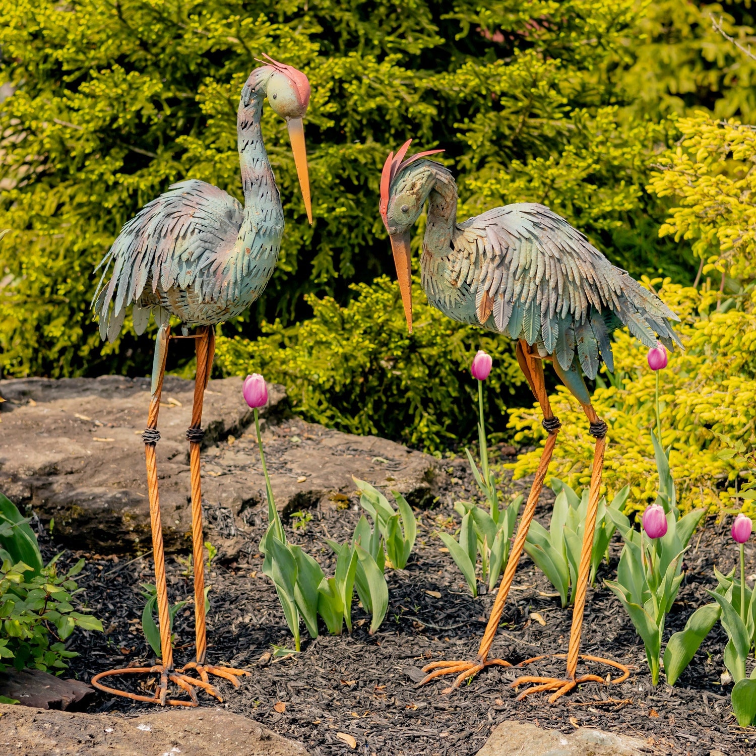 Set of 2 Iron Heron Garden Statues