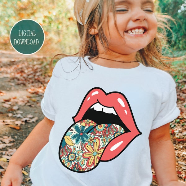 Boho Flower Lips PNG, Rock N Roll Tongue PNG, Retro Sublimation Download, Red Lips Rock N Roll Tongue PNG, Digital Download, TShirt Designs