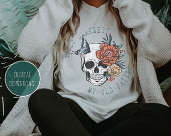 Retro Skull SVG, Butterfly PNG, Hello Darkness My Old Friend svg, Retro Sublimation Design Download, Motivational Sublimation Design