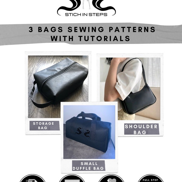 3 en 1 - Bolso de hombro, bolso de lona, patrón de costura digital simple de bolsa de viaje/almacenamiento, PDF, descarga digital, instrucciones detalladas completas,