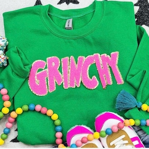 Pink Grinchy Chenille With Gold Glitter Outline Patch Sweatshirt