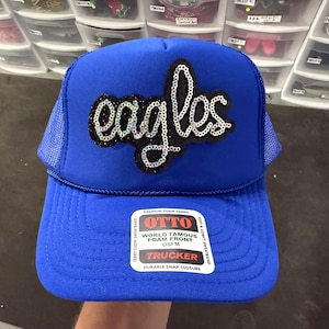 Royal Blue Trucker Hat Eagle Patch Sequin Mesh Snapback Adjustable Foam Front  American Sports Casual Outdoor Style Unisex
