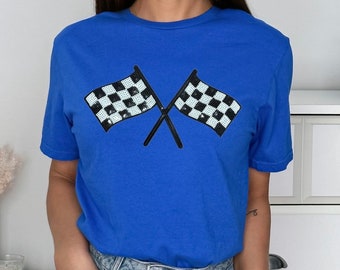 Sequin black and white checkered racing flag tee