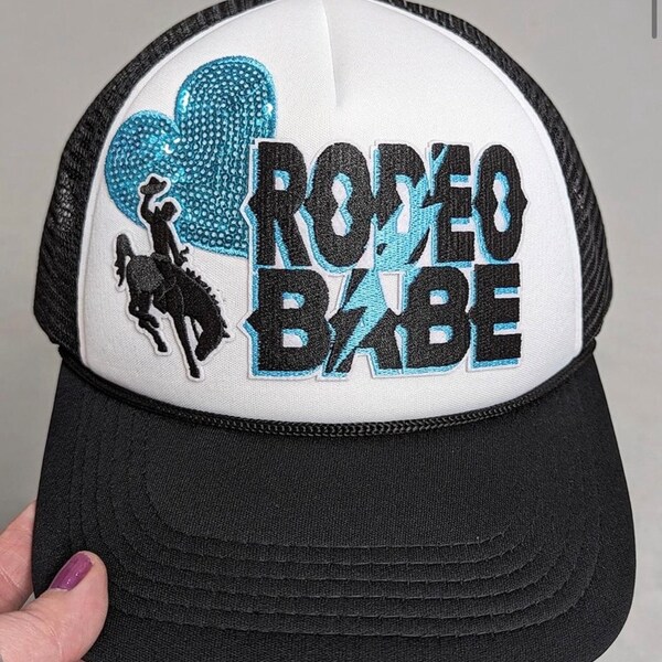 Embroidered rodeo babe and cowboy sequin heart trucker hat