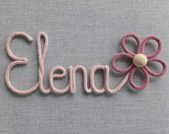 Türschild Blume - Flechtkordel - 11 cm - personalisierter Schriftzug - Namensschild - Wanddeko - Strickname - Name aus Draht - Baby - Zimmer