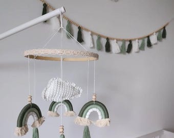 Einzelstück Baby Mobile mit Girlande - Dunkelgrün -  Regenbogen - Wolke