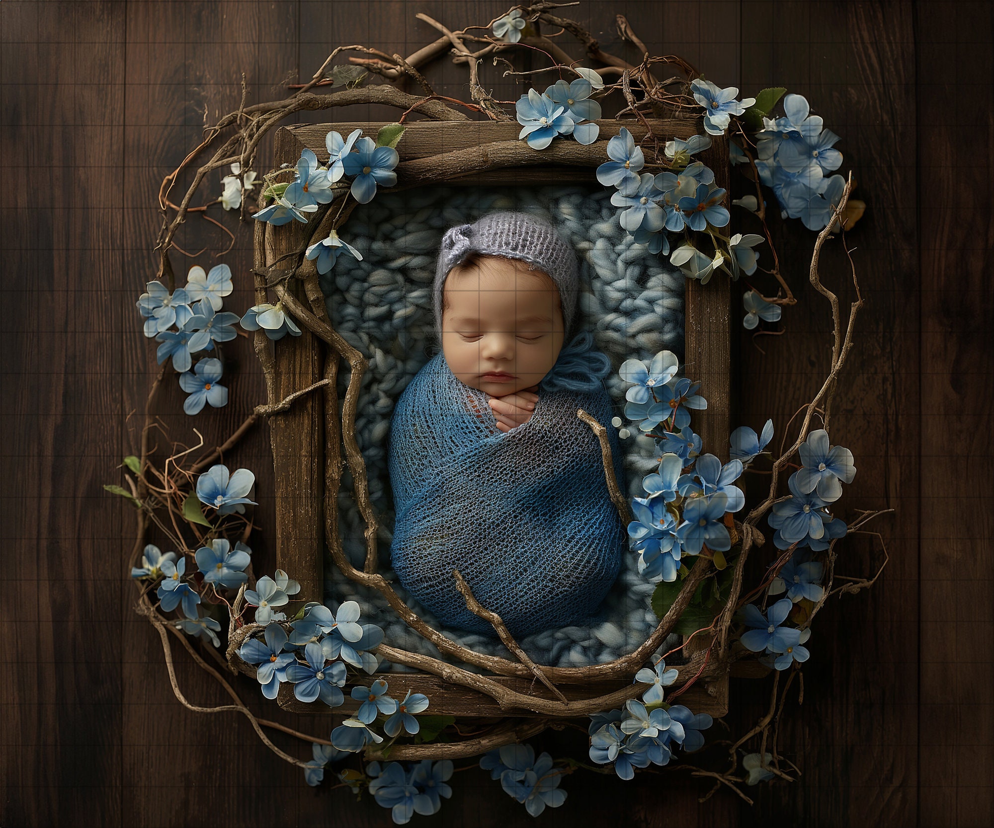 Baby Newborn Digital Backdrop Rustic Wooden Floral Bed Blue (we Also ...