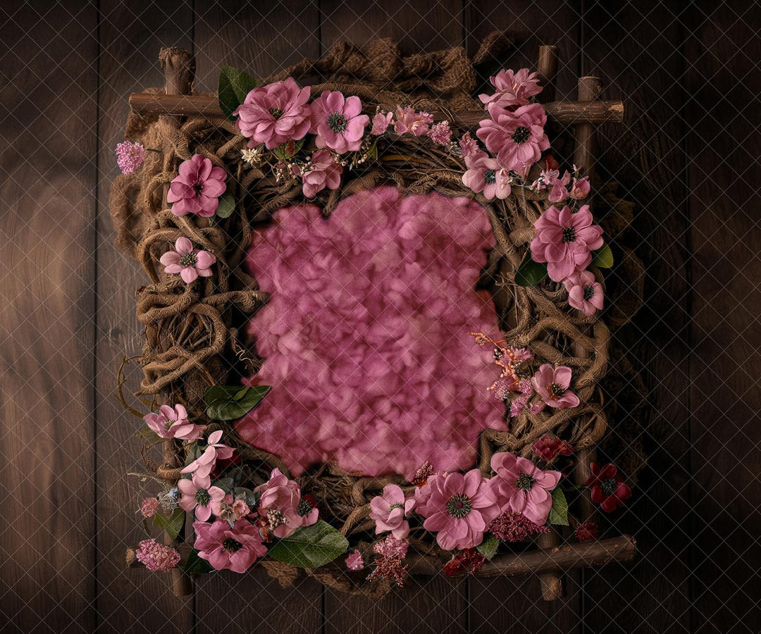 Baby Newborn Digital Backdrop Rustic Wooden Floral Bed Dark PINK Boho ...