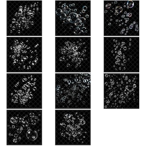 May include: A collection of 12 images featuring various arrangements of soap bubbles on a black background. The bubbles are transparent and reflect light, creating a shimmering effect.