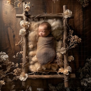Baby Newborn Digital Backdrop Rustic Wooden Floral Bed Cream Boho - Etsy