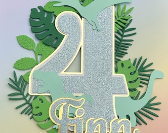 Large dinosaur cake topper. Multilayers - perfect for a birthday party personalised pink or blue number and name