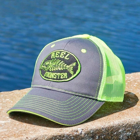Reel Monster© Grey and Lime Green Reel Monster Logo Hat Trucker Style Cap  Fishing Gear Outdoor Accessory Snapback Baseball Cap Fishing Gift 