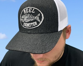 Reel Monster Black and White Reel Monster Trucker Hat Fishing Logo Hat Outdoor Accessories Snapback Mesh Baseball Cap Fishing Gear Ball Cap