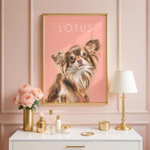 Custom pet illustration printed on canvas displayed as living room wall art