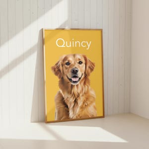 May include: A rectangular framed wall art print featuring a digital illustration of a golden retriever dog with long, light brown fur, a black nose, and an open mouth showing its tongue, set against a solid mustard yellow background with the name Quincy.