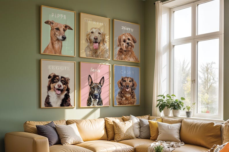 Personalised pet portrait displayed as elegant living room wall art