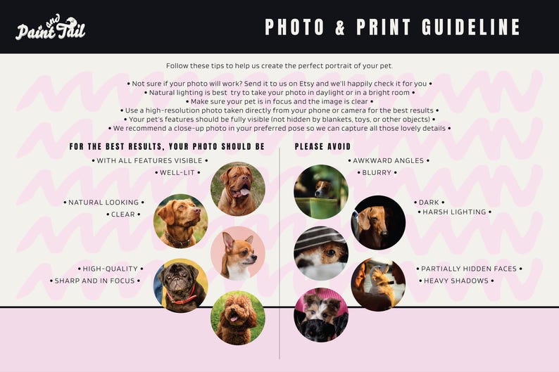 Photo submission guidelines graphic for ordering a custom pet portrait
