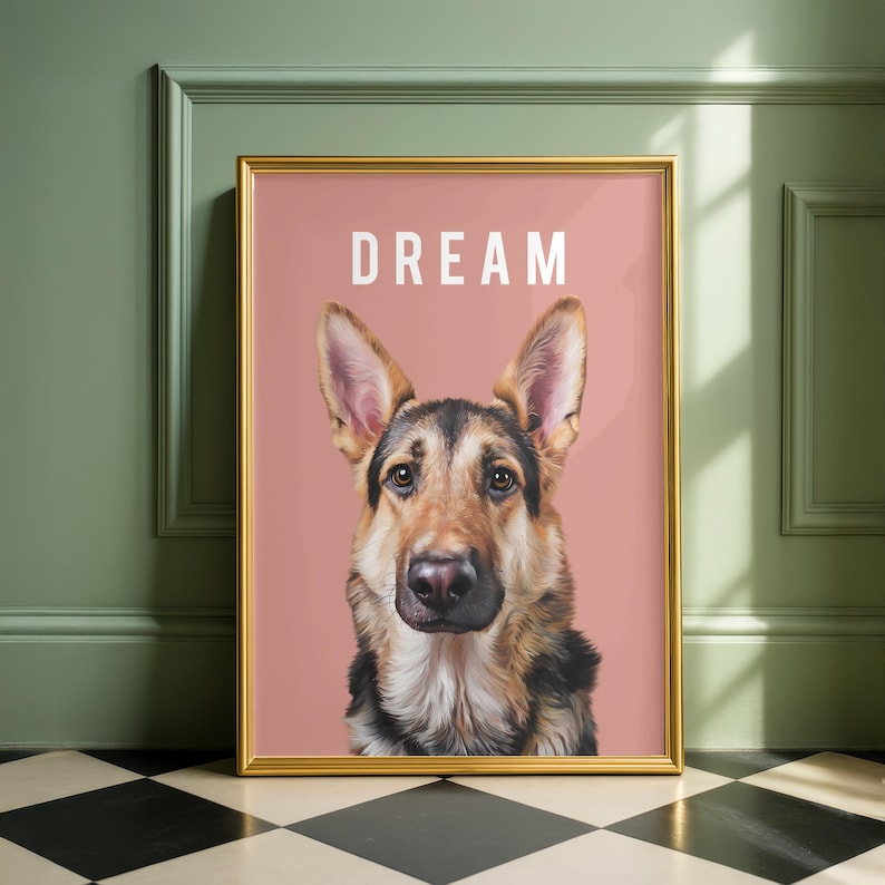 Custom dog memorial artwork displayed in white hardwood frame on wall