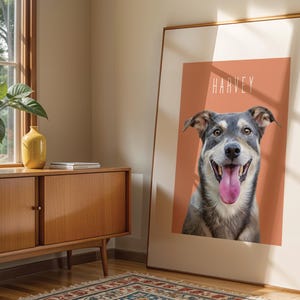 Minimalist pet portrait from photo with pet name personalisation