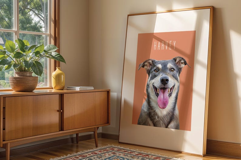 Minimalist pet portrait from photo with pet name personalisation