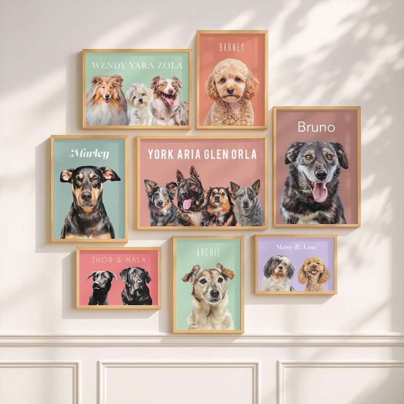 Hand-illustrated pet portrait from photo with personalised background colour
