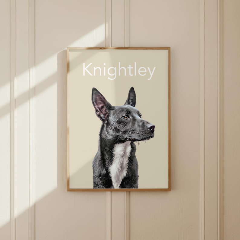 Custom dog portrait in white hardwood frame as a stylish home décor piece