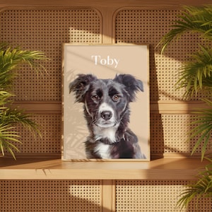 Framed dog portrait in black hardwood frame as a stylish home décor gift