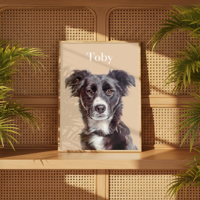 Framed dog portrait in black hardwood frame as a stylish home décor gift