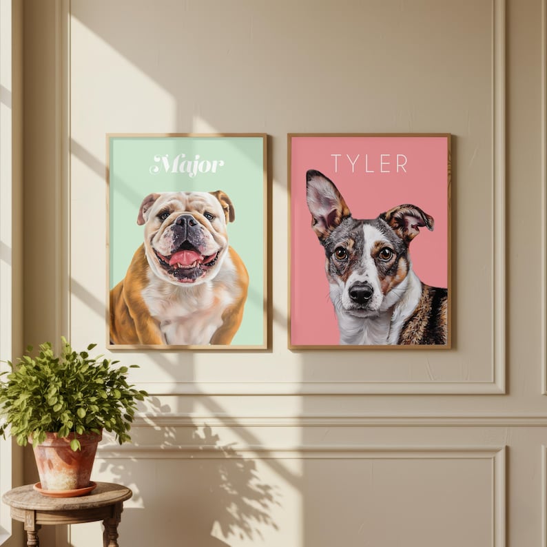 Custom cat and dog portrait in white hardwood frame displayed on bedroom wall