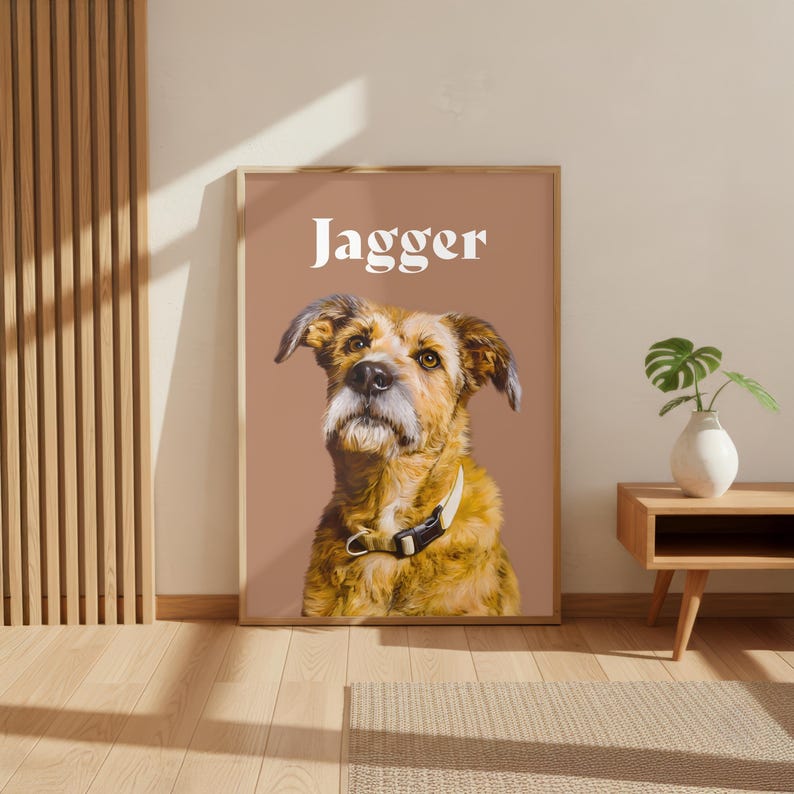 Custom pet illustration in hardwood frame displayed as living room wall art