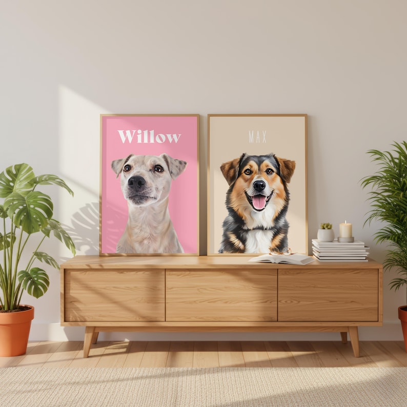 Pet lover wall art showing custom illustrated portrait in modern home interior