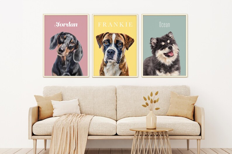 Framed custom dog portrait in white hardwood frame for home décor