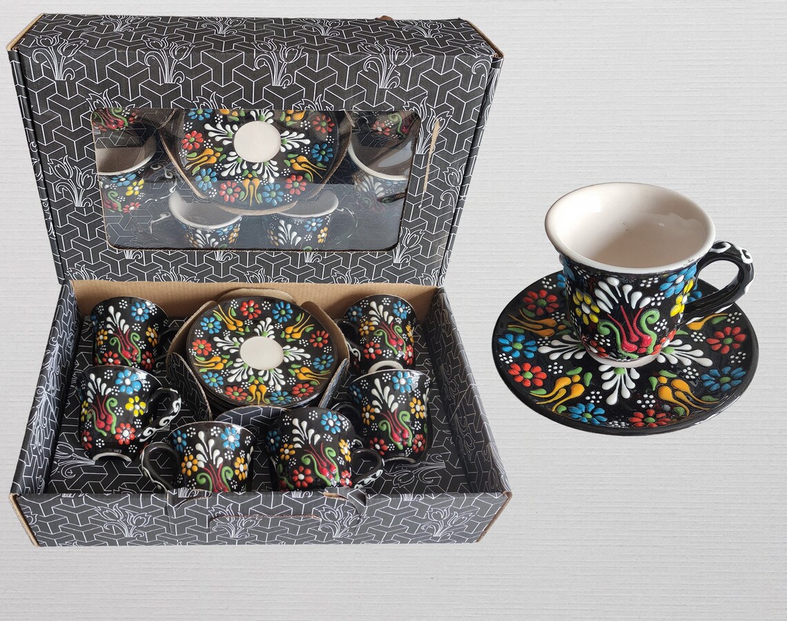 6�lı el yapımı işlemeli kahve fincan takımı Etsy