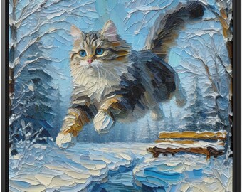 Dreifarbige Sibirische Katze Wand Kunst Dekor Geschenk Leinwand Druck Ölgemälde Kunstwerk Winter Sprung Abenteuer