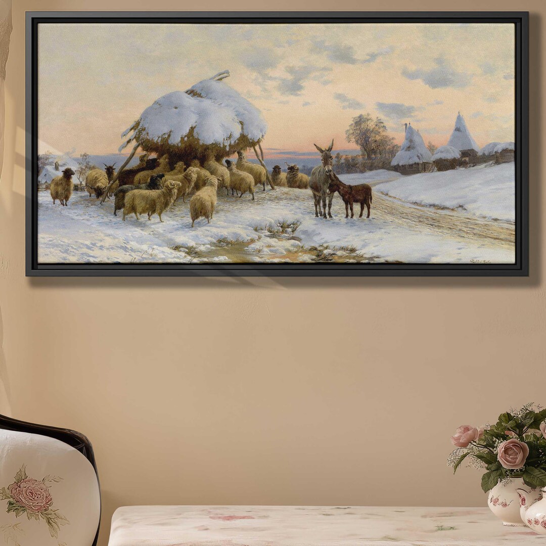 Rural Oil Painting Sheep Canvas Print Winter Landscape Wall Art Rustic ...