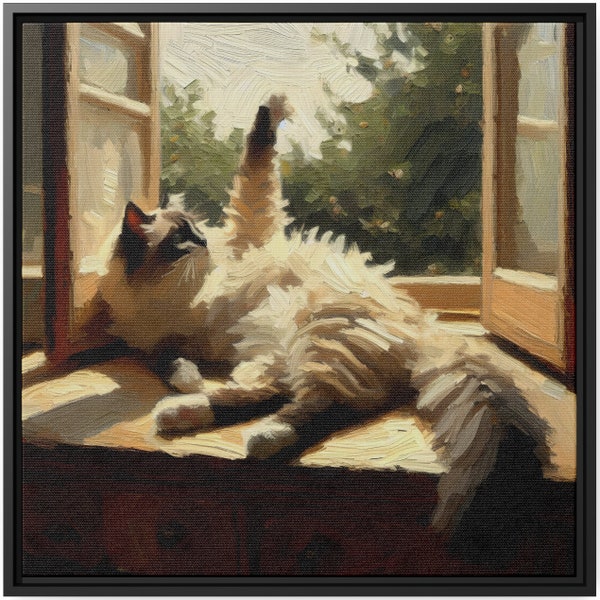 Wall Art Decor Canvas Print Oil Painting Artwork Cat Ragdoll Cream Color Playful Lazy Sunbathed Windowsill Unique Gift