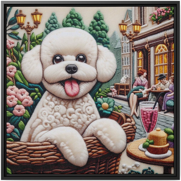 Bichon Frise Wall Art Decor Canvas Print Cute Dog Portrait Puppy Painting Framed Artwork Embroidery Gift Cafe Flower Baskets Outdoor Dining