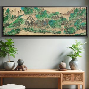 Chinese Artwork Asian Long Wall Art Green Mountain Painting Canvas Print Decor Ink Wash Panoramic Ancient Gif 中国山水画 仇英 辋川十景图