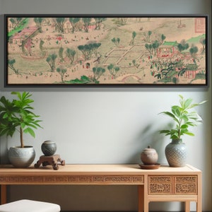 Long Horizontal Wall Art Ancient Chinese Ink Wash Painting Canvas Print Riverside Decor Dynamic Historical Artwork Ideal Gift 中国 风景画 清明上河图