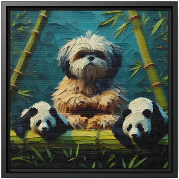 Wall Art Canvas Print Frame Home Decor Oil Painting Dog Portrait Lhasa Apso Bamboo Panda Zen Meditating